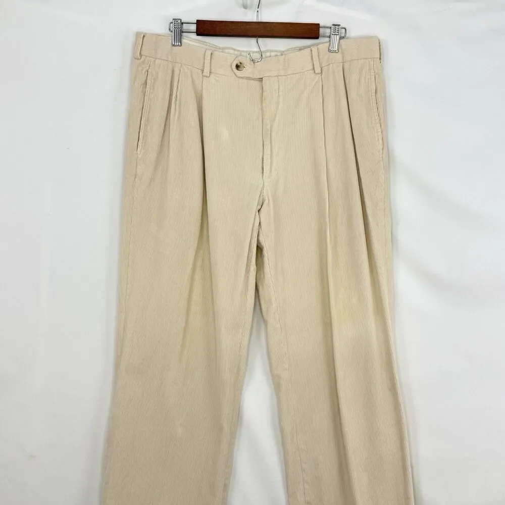 VTG Jos. A. Bank Mens Pants Beige Corduroy Straight Cuffed Pleat Chinos Size 35 - Picture 1 of 15